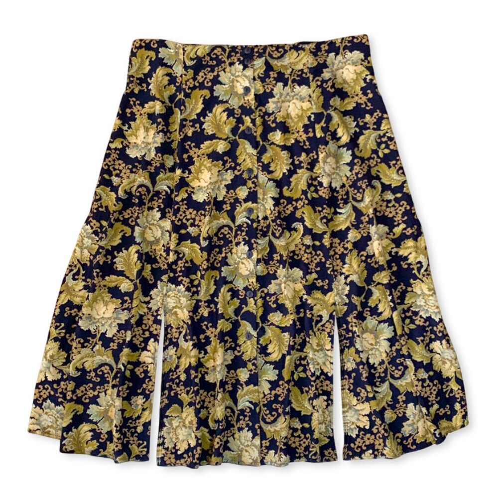 Vintage Floral Navy Button Up Skirt Smock Academia Prep Coastal Cowgirl Western